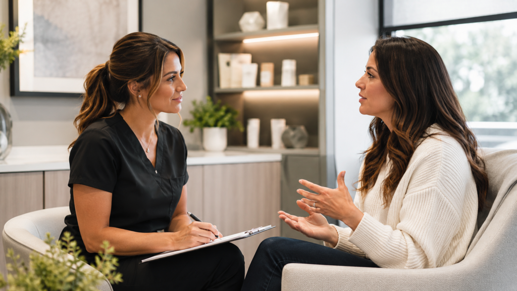 Aesthetic provider listening to a patient during a professional consultation focused on goals and treatment planning.