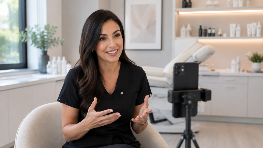 Aesthetic injector recording an educational social media video on a smartphone in a professional medical aesthetics office.