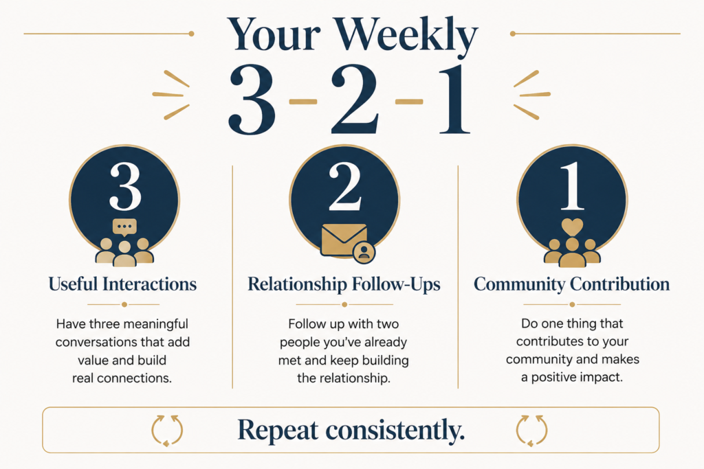 Weekly 3-2-1 local visibility plan for aesthetic injectors using useful interactions, relationship follow-ups, and community contributions.
