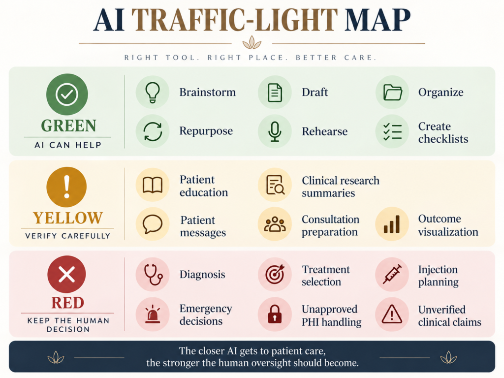 Traffic-light guide showing lower-risk, review-required, and inappropriate autonomous uses of AI for aesthetic providers.