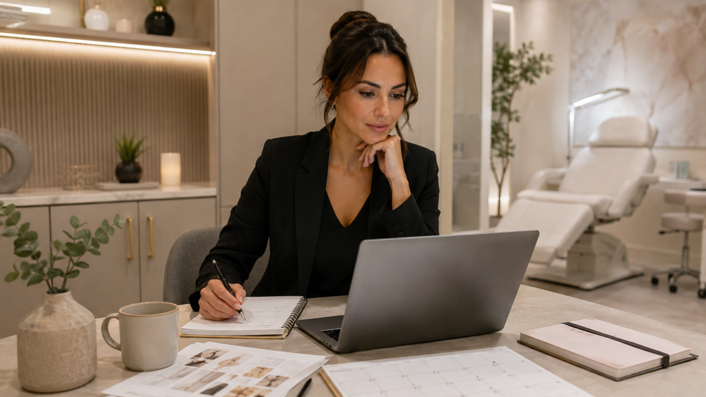 Aesthetic provider reviewing business planning materials while considering the transition from injector to practice owner.