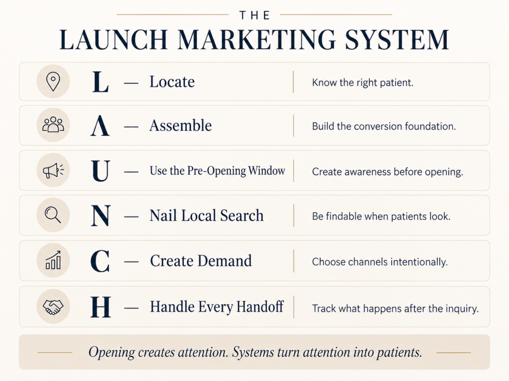 LAUNCH marketing framework for new med spas showing target patients, marketing foundations, pre-opening awareness, local search, demand generation, and lead handling.