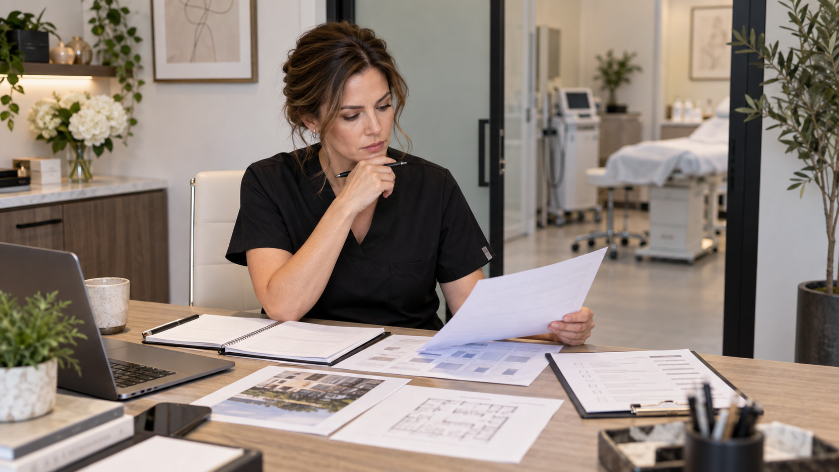 Aesthetic provider reviewing business planning documents while considering opening a medical spa.