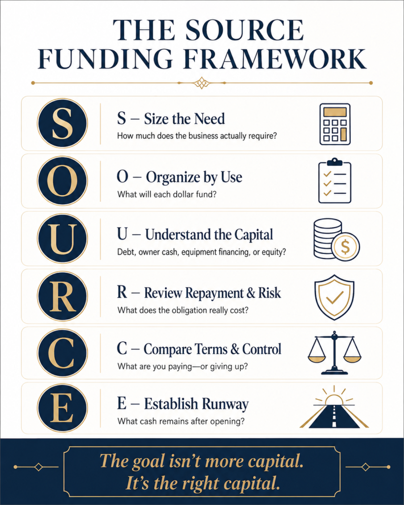 SOURCE funding framework showing how aesthetic practice owners can size funding needs, allocate capital, compare sources, evaluate risk, and protect runway.
